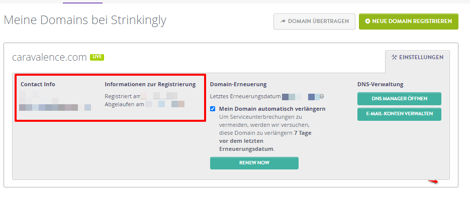 Domänenkontakt und Registrierungsinformationen Domänenkontakt und Registrierungsinformationen